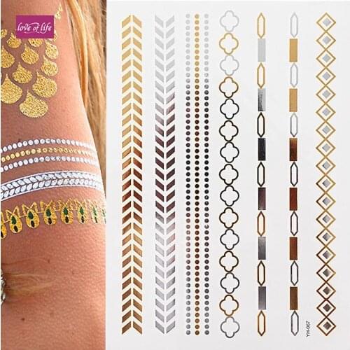 Body Art Temporary Tattoos Gold Flash Metallic Tattoo Arm Sleeves Sticker Henna Women Waterproof For Gold bracelet