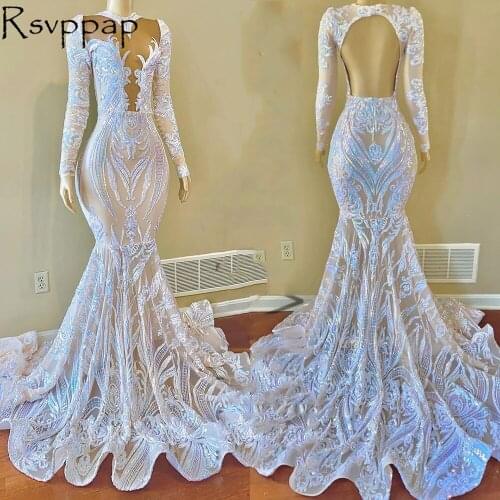 Long Sleeve Prom Dress Stunning Sheer Lace Top Saparkly Sequin Coloful Mermaid Backless African Black Girl Prom Dresses 2021