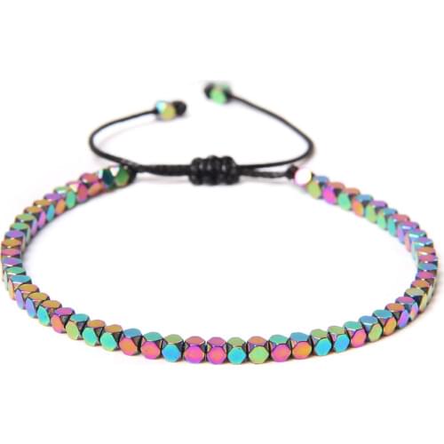 New Rainbow Color Braid Bracelets For Men 4MM Faceted Cube Beads Bracelet Women Plating Black Hematite Pulsera Jewelry For Party