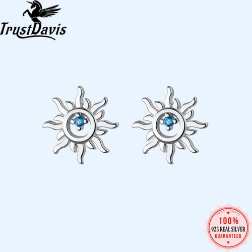 TrustDavis Real 925 Sterling Silver Fashion 2021 Sun Blue CZ Screw Stud Earring For Women Wedding Party Fine S925 Jewelry DA2186