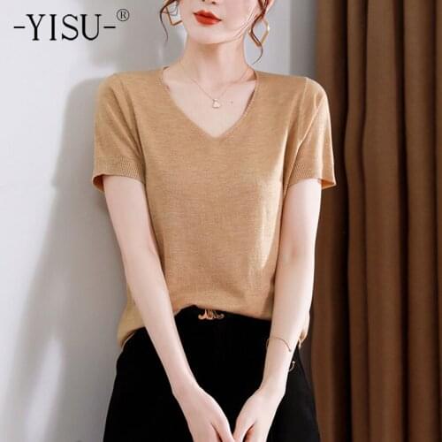 YISU New Women Simple summer Thin section Wool Sweater V-Neck Female Casual Jumper Solid color Short sleeve Knitted Pullover