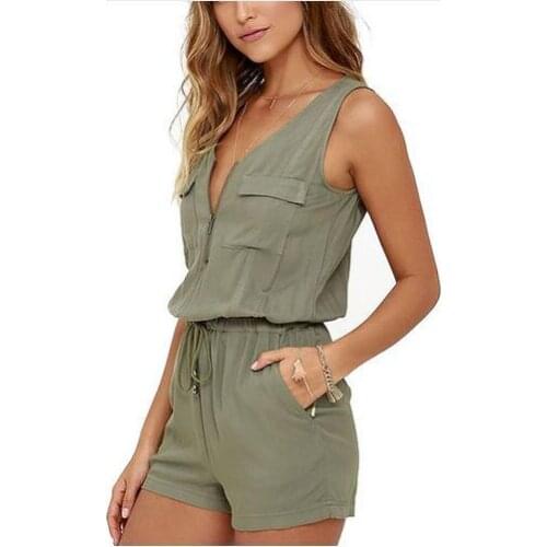 Sexy Sleeveless Bodysuit Women Jumpsuit Shorts Romper Summer V-neck Zipper Pockets Playsuit Fashion Beach Overalls Femme Frock