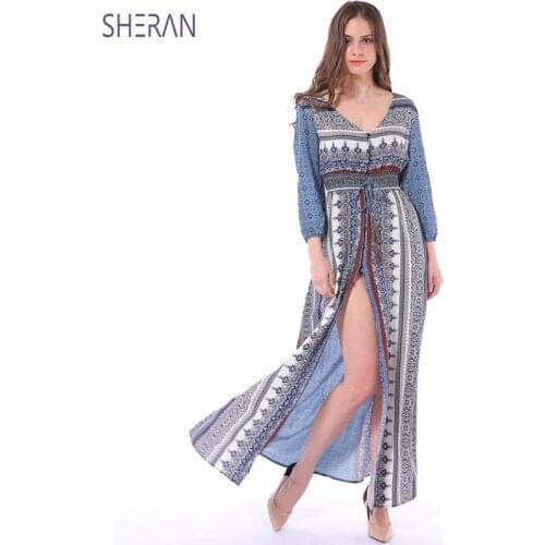 2020 NEW Women Print Chiffon Long Sleeves Beach Tunic Holiday Sexy Dress Vintage Elastic Waist Beach Dress Summer Women Dresses