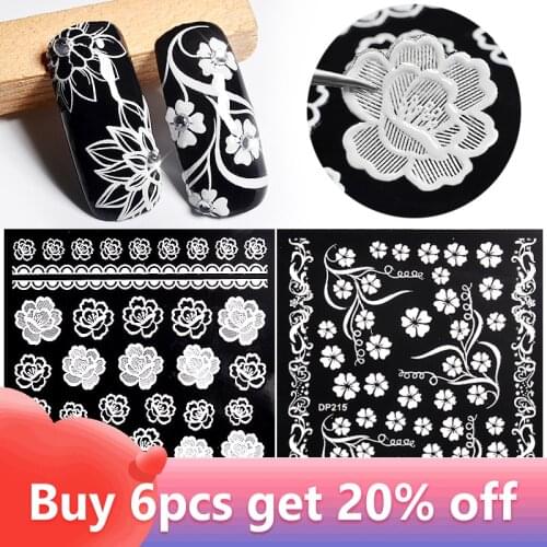 1Pc Nail Stickers and Decals 3D White Rose Flowers Lace Strips Design Adhesive Sticker Slider Nail Accessories
