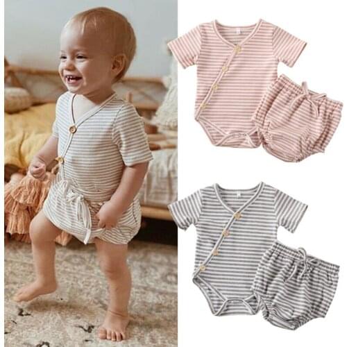 2PCS Summer Infant Baby Girls Boys Cotton Clothes Striped Tops Romper+Shorts Outfits Summer Casual Baby Clothes Set