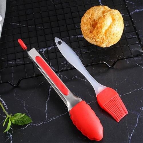 2PCS/SET Silicone BBQ Tongs Oil Brush Kitchen Tongs BBQ Grill Food Meat Serving Clips Barbecue Grilling Oil Sauce Brushes Tool