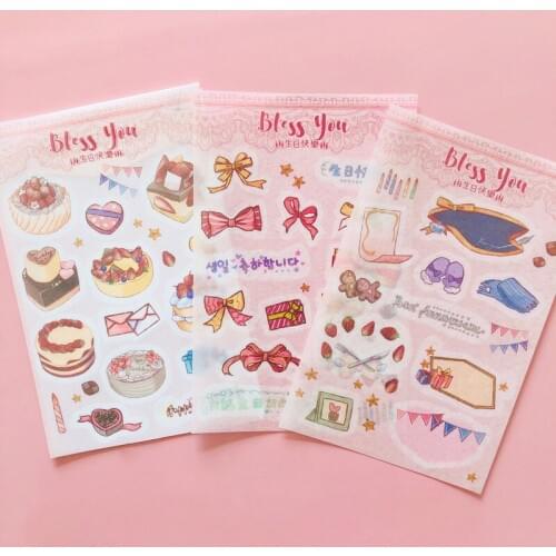3 Sheets /Pack Birthday Cakes Bowknot Paper Stickers DIY Scrapbooking Diary Album Decor Kids Gift