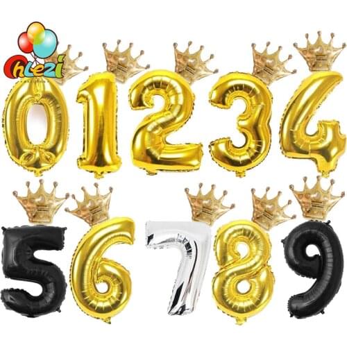 32 inch Gold Silver Number figure foil Balloons+Golden crown Foil Balloon 1 2 3 4 year kid boys girls Birthday Party decorations