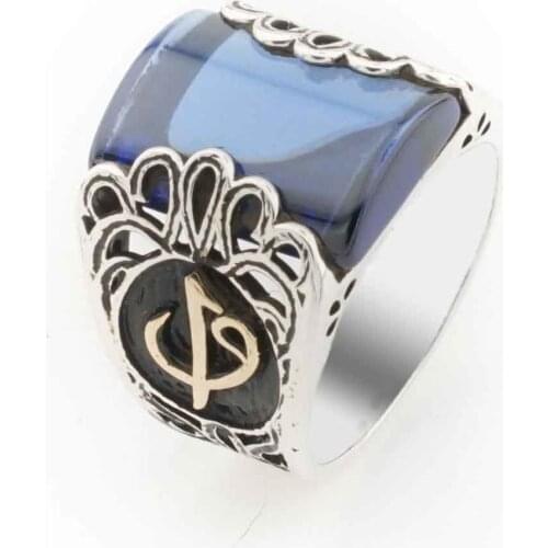 925 Sterling Silver Ring for Men with Blue Zircon Stone and Arabic Alphabet Symbols