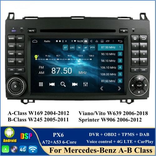 4gb+64gb PX6 6-Core 7" Android 10.0 Car Radio DVD Player for Benz B200 A-W169 B-W245 Viano Vito Bluetooth 5.0 GPS WIFI CarPlay