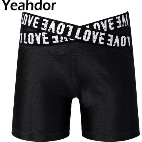 Kid Girls Fitness Shorts Dance Costume Letters Print High Waist Cross Stretchy Sports Bottoms for Sport Running Gym Yoga Workout