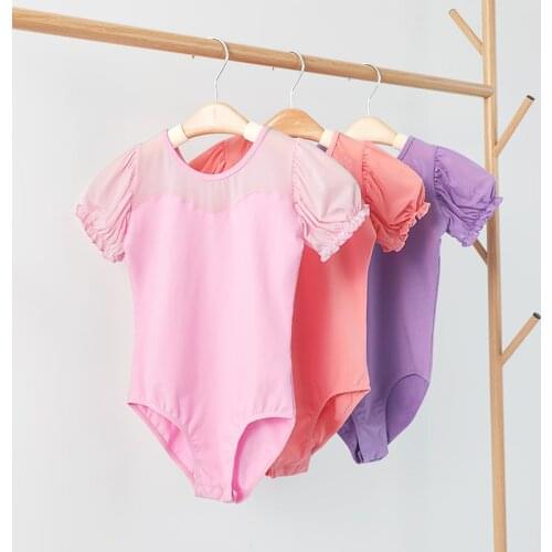 Children Ballet Leotard Cute Puff Short Sleeve Mesh Patchwork Bodysuit Купальнік Kid Girls Ballet Dance Gymnastics Dancewear