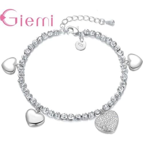 Exquisite 100% 925 Sterling Silver Chain with Metal Heart Drop Pendant Charm Bracelets & Bangle with Extension Chains