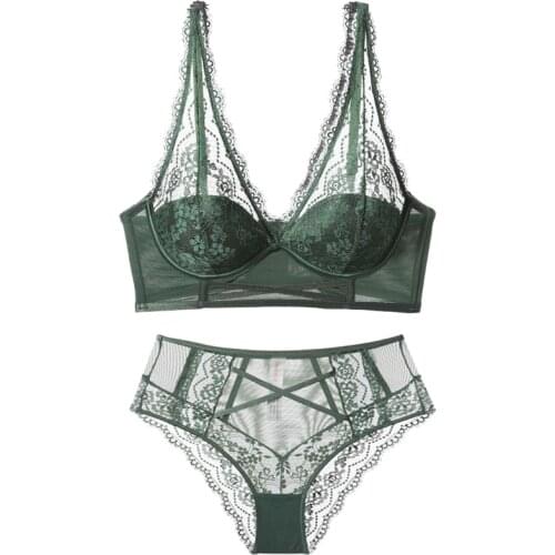 New Green Sexy Lingerie Bra And High Waist Panty Sets For Women Thin Cup Underwire Push Up Bras Female Lace Underwear Set B C D