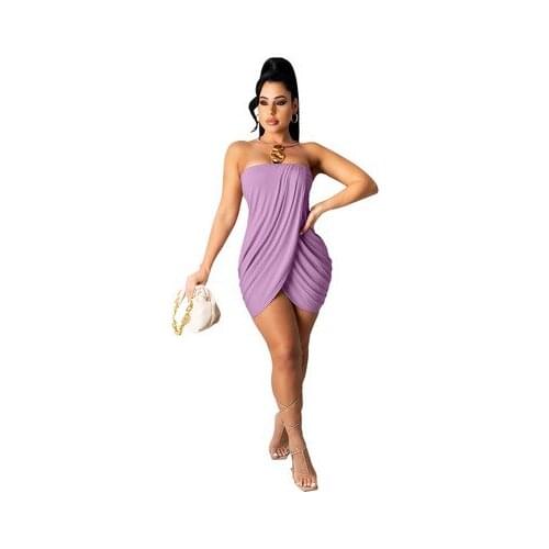 Summer New Womens Sleeveless Pleated Solid Color Sexy Wrapped Chest Slit Womens Party Mini Dress