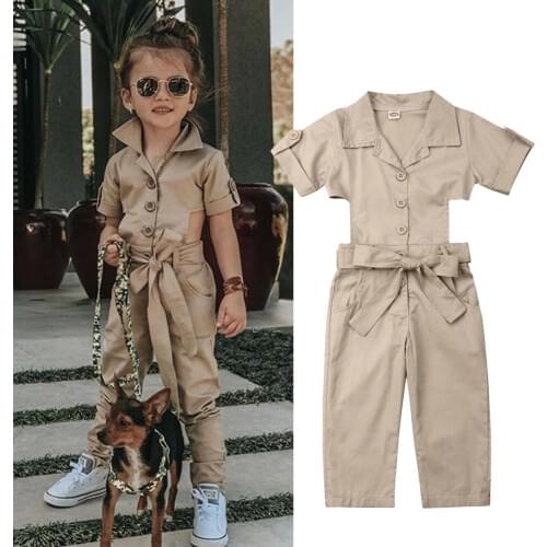 2-7Y Summer Fashion Infant Kids Baby Girls Romper Clothes Turn Down Collar Solid Sashes Belt Jumpsuits Clothes