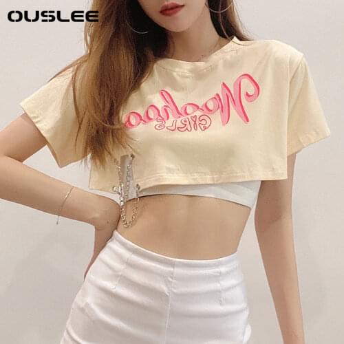 Ouslee Summer Fashion Patchwork Short T-shirt Women Streetwear Emo Vintage Letters Printed Hollow Out Short Sleeve Crop Tee Tops