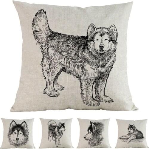 Hand Drawing Style Portrait Of Siberian husky Animal Pets Dog Linen Pillow Case Home Car Sofa Decoration Cushion Cover