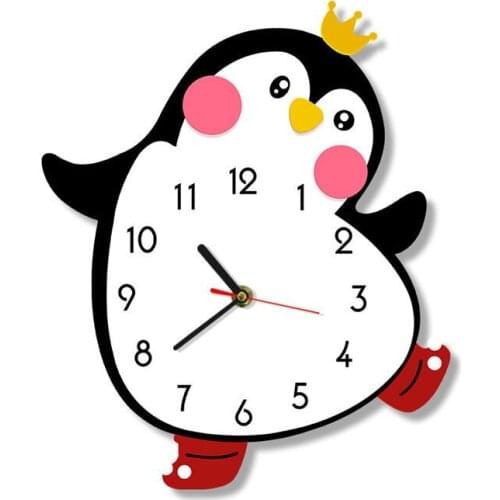Cute Princess Girl Penguin Cartoon Wall Clock Silent Movement Nursery Bedroom Kids Room Wall Art Decor Color Printed Wall Watch
