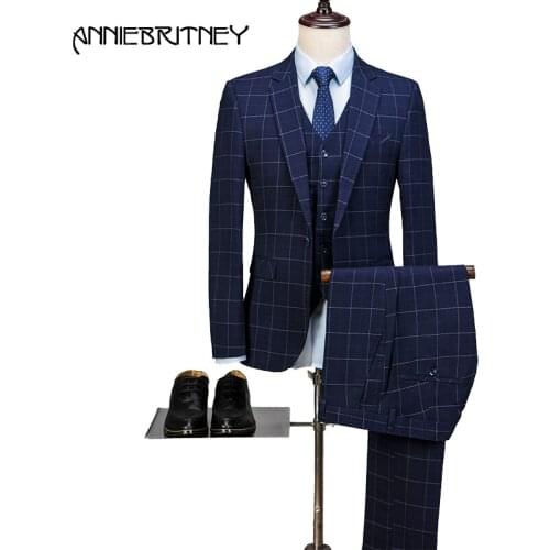 2018 Latest Coat Pant Designs Navy Blue Pattern Men Suit Formal Slim Fit Business Marriage Groom Blazer Prom Tuxedo Style Terno
