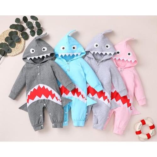 Autumn Winter Warm Baby Rompers Boys Hooded Clothes Long Sleeve Cute Shark Hooded Jumpsuits Clothes Overalls