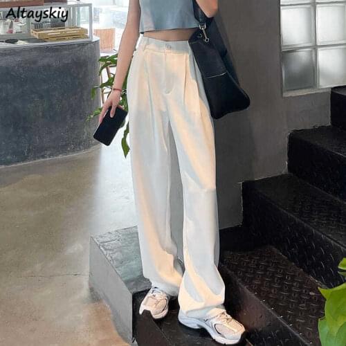 Casual Pants Women Trendy High-waist Streetwear BF Wide-leg Full-length Empire Korean Style Simple Student All-match Female Chic