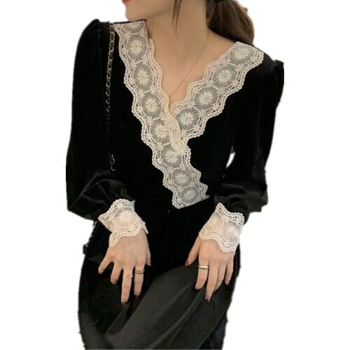 Plus size 4XL!Vintage v-neck velvet dres women black lace stitching long sleeve long dress