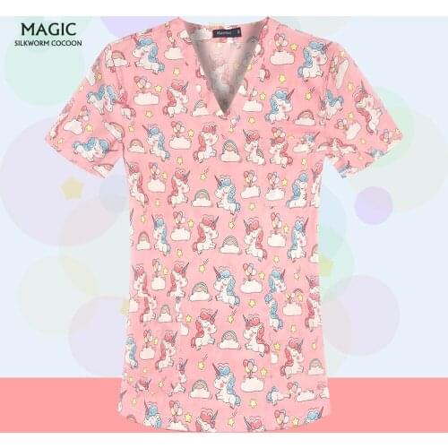 100%Cotton Dental Clinic Tops Cute Cartoon Printed Medical Tops Scrubs Women Uniforms Doctor Work Clothes Pet Grooming Workwear