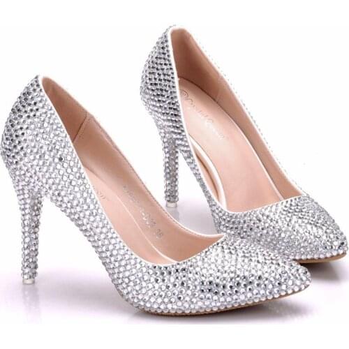Crystal Queen High Thin Heels Shoes Women Pumps Bling Wedding Bridal Shoes Classic 9cm Pointed Toe Evening Party Shoes