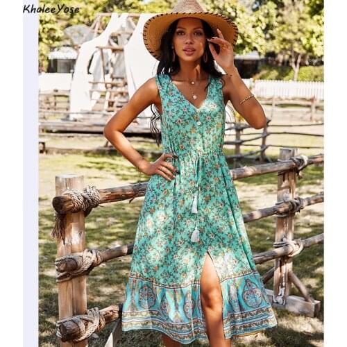 KHALEE YOSE Vintage Floral Boho Dress Summer Sleeveless Button Front Split Sexy Women Dresses Ruffles Ladies Casual Female Dress