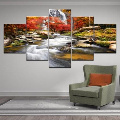 Waterfall landscape Pictures forest tree Red maple River water Wall Art Living Room Home Decor Canvas Painting HD Prints Posters