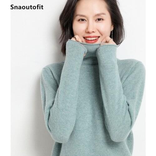 Pullover Women Sweater,100% Pure Wool,Fall/Winter New,Pile Neck Long Sleeve Loose Solid Color Soft All-Match Knitted Base Shirt