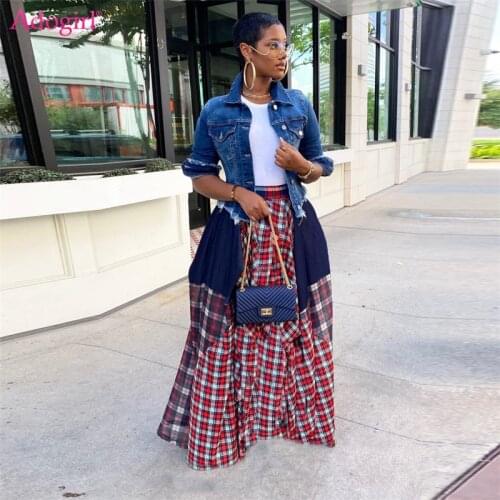 Adogirl Plaid Print Patchwork Women Maxi Skirt