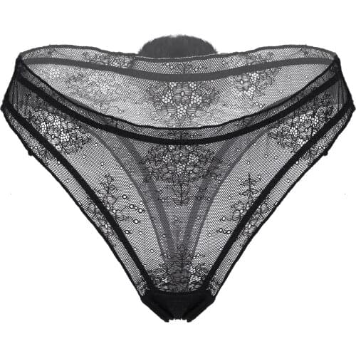 Women See-through Lace Panties Low Rise Briefs Erotic Sexy Lingerie Underpants Bikini Thongs G-String with Removable Fluffy Ball