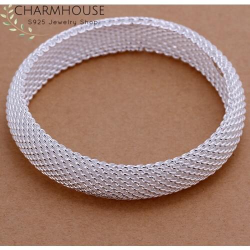 Pure 925 Silver Bangle & Bracelets for Women Mesh Round Cuff Bangles Wristband Pulseira Femme Wedding Bridal Jewelry Accessories
