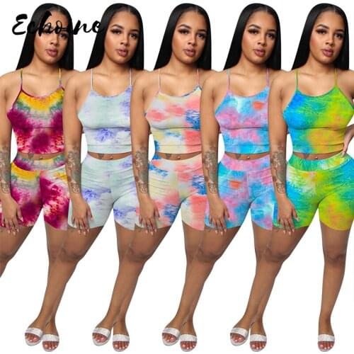 2020 Women Two Pieces Sets Summer Tracksuits Strap Tie-dye Print Tops+Jogger Shorts Suit Club Leggings Sexy Fitness Outfits