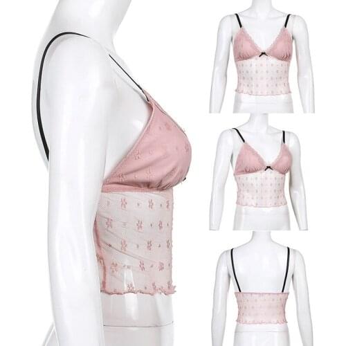 Pink Cute Aesthetic Tops Female Lace Trim Flower Bow Kawaii Clothes Sleeveless V Neck Sexy Cami Tops Shirts