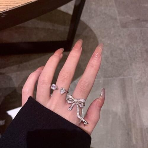 MENGJIQIAO 2021 Korean Delicate Sweet Bowknot Micro Pave Zircon Adjustable Rings For Women Girls Fashion Party Ring Jewelry