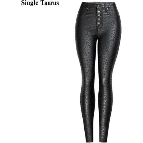 Winter Thick Warm Velvet Black PU Pants Women High Waist Button Fly Leather Pants Mujer Leopard Coating Push Up Skinny Trouser
