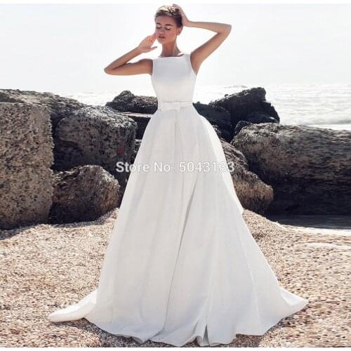 2020 Elegant Satin Wedding Dresses with Bow High Neck Sleeveless Wedding Bridal Gowns Sexy Backless Floor Length Bride Dress