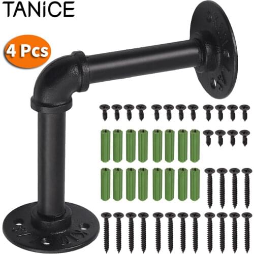 TANiCE 4Pcs 13*13 cm Tube Rack Industrial Shelf with Screw Plastic Plug Wall Mount Pipe Rack Bracket Set Black For Bookshelf