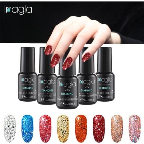 Inagla 8ML Diamond Nail Gel Glitter Long Lasting UV LED Lamp Soak Off Nail Gel Polish Semi Permanent Nail Polish Diamond Gel