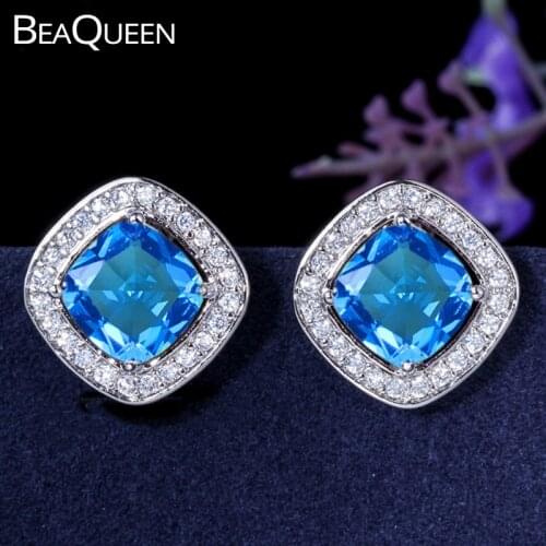 BeaQueen New Fashion Large Light Blue Square Austria Crystal Stud Earrings CZ Zirconia Women Jewelry for Party Gift E121