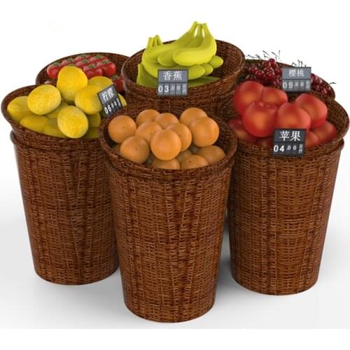 Large Rattan Basket Set Round Fresh Fruits Vegetables Display Supermarket Promotion Shelf Store Storage Showing Rack System