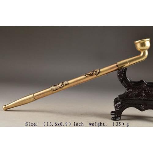 Arts Crafts Copper Elaborate China Brass Old Handwork Dragon Phoenix Exorcist Auspicious Smoking Pipe Tool