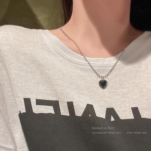 KOFSAC Cool Girl Black Crystal Love Heart Pendant Necklace Beaded Chain Necklaces Jewelry Women Chic Birthday Present