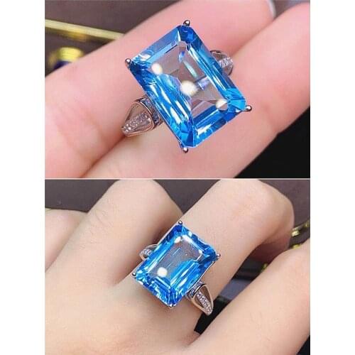 Square Blue Crystal Aquamarine Gemstones Diamonds Rings for Women White Gold Silver Color Jewelry Bague Bijoux Party Accessories