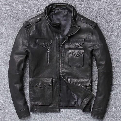 Genuine Leather Jacket Men Real Sheepskin Motorcycle Biker Leather Jacket Casual Multi Many Pockets Male Spring Autumn Outerwear