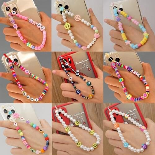 Cute Cartoon Face Soft Pottery Pearls Beaded Chain For Mobile Phone Trendy Chain