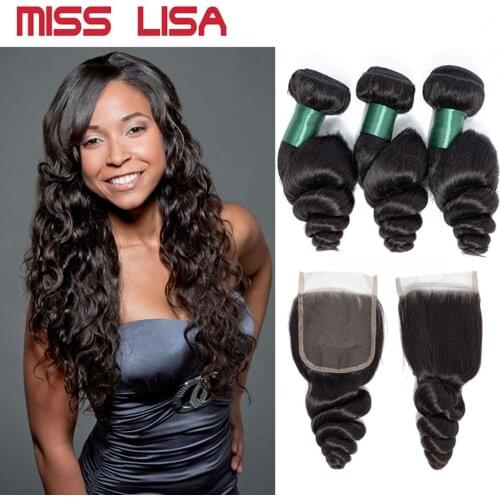 Miss Lisa Loose Wave 3 Bundles With 4x4 Lace Closure Brazilian Human Hair Weave Bundles Extension For Women